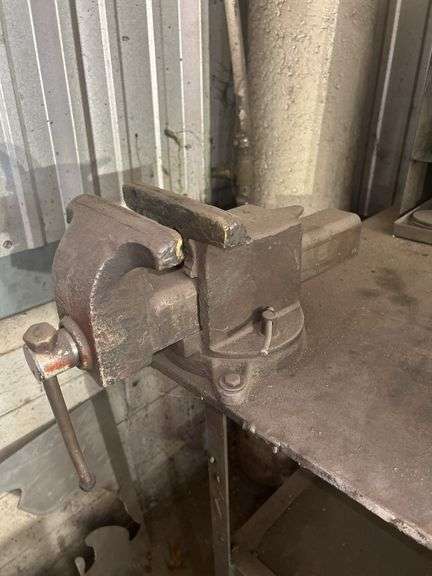 Metal Work Bench with Vise, Rods, and Tools