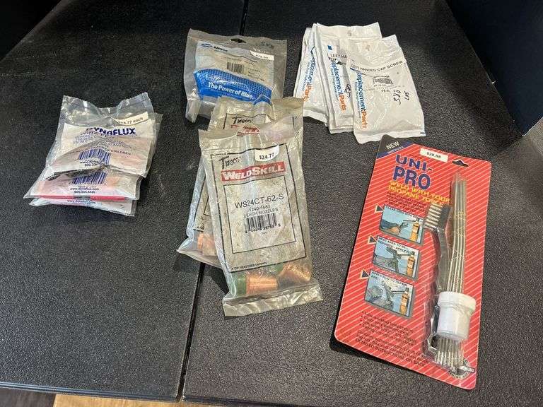 Welding Supply Lot: Dynaflux Wire Feeders, Tweco Nozzles, Miller Pressure Switch, Uni-Pro Propane Torch Kit, Left Handed Cap Screws image