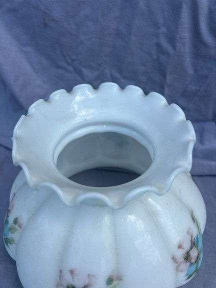 Floral Painted White Glass Lamp Shade with Ruffled Edge