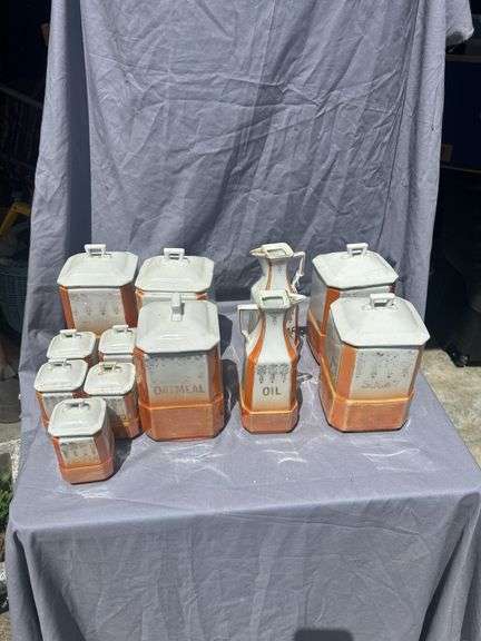Vintage Kitchen Canister Set - Porcelain White and Orange image