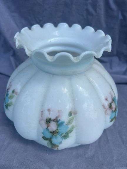 Floral Painted White Glass Lamp Shade with Ruffled Edge image