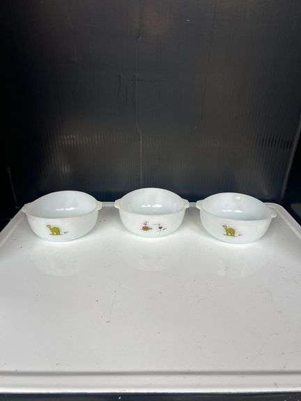 Set of 3 Anchor Hocking Fire King Oven Proof Bowls with Cartoon Designs image