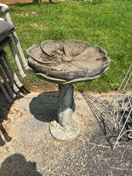 Concrete Bird Bath and Metal Garden Trellis