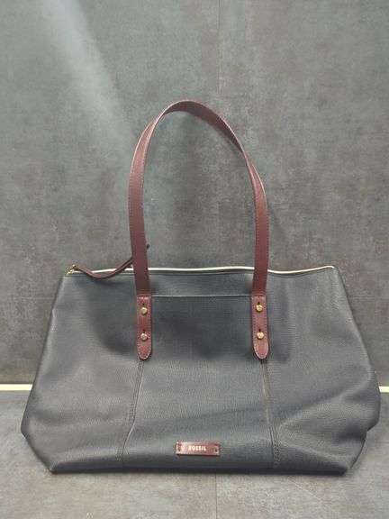 Authentic Fossil Black Tote Bag with Burgundy Straps image