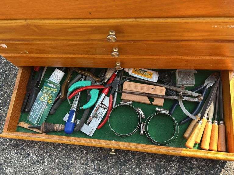 Wooden Tool Chest with Various Tools and Supplies