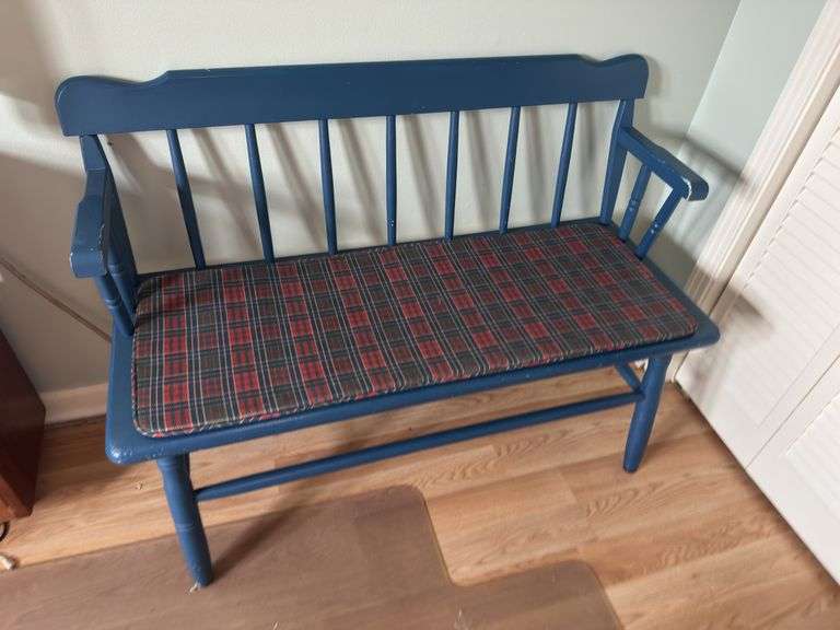 Blue Painted Bench with Plaid Cushion image