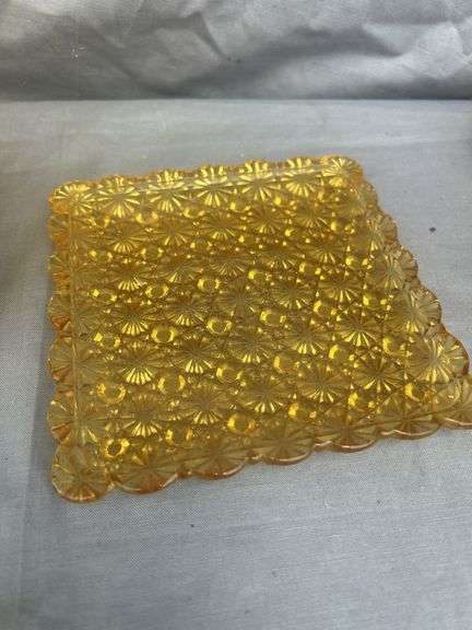 Amber Glass Vase with Ruffled Edge and Matching Cup and Saucer