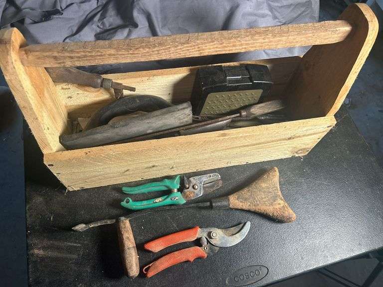 Wooden Tool Box with Assorted Hand Tools image