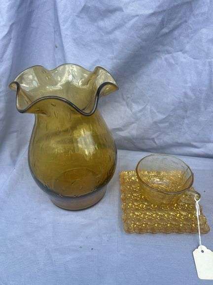 Amber Glass Vase with Ruffled Edge and Matching Cup and Saucer image