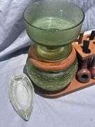 Mid-Century Modern Smoker's Lot: Pipe Stand with Pipes, Ashtray & Glass Bowl