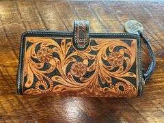 Leather Wallet with Floral Design and Turquoise Accent