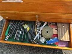 Wooden Tool Chest with Various Tools and Supplies
