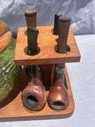 Mid-Century Modern Smoker's Lot: Pipe Stand with Pipes, Ashtray & Glass Bowl