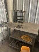 Metal Work Bench with Vise, Rods, and Tools