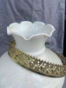 Pair of White Glass Lamp Shades with Metal Trim