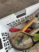 Basket of Sports Equipment: Bats, Tennis Racket, Baseballs, & More
