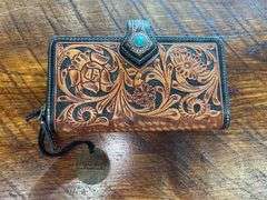 Leather Wallet with Floral Design and Turquoise Accent