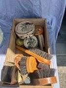 Assorted Collection: Wooden Shoe, Lampshade, and Shoe Shine Kit