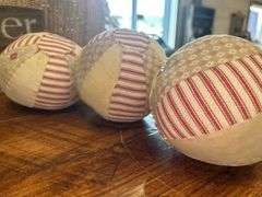 Decorative Home Accent Bundle: Sign, Bird Figurine, Fabric Balls, and Wooden Spools
