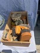 Assorted Collection: Wooden Shoe, Lampshade, and Shoe Shine Kit