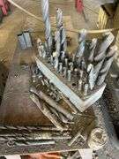 Large Assortment of Metal Drill Bits in Metal Organizer