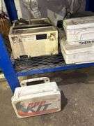 Industrial Blue Metal Cart with Contents - File Boxes, Clock, and More