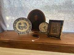Assorted Home Decor Items: "Shakespeare Country" Plate, Portrait, Clock, Picture Frame and Decorative Hook