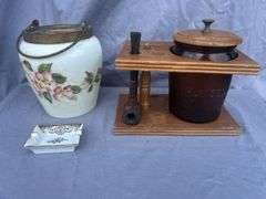 Smoking Set with Tobacco Humidor, Pipe Holder, and Floral Decorated Items