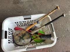 Basket of Sports Equipment: Bats, Tennis Racket, Baseballs, & More