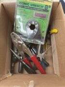 Box of Assorted Hand Tools and Electrical Supplies