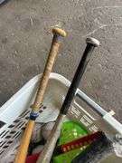 Basket of Sports Equipment: Bats, Tennis Racket, Baseballs, & More