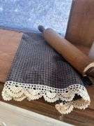Vintage Kitchenware Set: Rolling Pin, Cabbage Cutter, Stoneware Crock, and Decorative Cloth