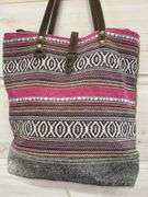 Myra Bag Woven Tote Bag with Leather Straps and Fur Accent