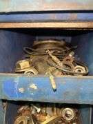 Blue Metal Tool Cabinet with Automotive Hardware and Parts