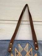 Denim Blue Tote Bag with Fringe and Geometric Design
