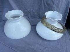 Pair of White Glass Lamp Shades with Metal Trim