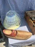 Assorted Collection: Wooden Shoe, Lampshade, and Shoe Shine Kit