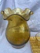Amber Glass Vase with Ruffled Edge and Matching Cup and Saucer