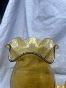 Amber Glass Vase with Ruffled Edge and Matching Cup and Saucer