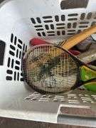 Basket of Sports Equipment: Bats, Tennis Racket, Baseballs, & More