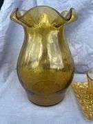Amber Glass Vase with Ruffled Edge and Matching Cup and Saucer