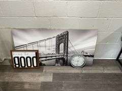 Wall Decor Lot: Bridge Canvas Print, "Bring the Good" Sign & Tzumi Clock