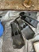 Bucket of Scuba Diving Fins and Plano Tackle Box