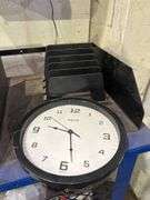 Industrial Blue Metal Cart with Contents - File Boxes, Clock, and More