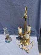 Brass Three-Light Lamp with Miniature Oil Lamp