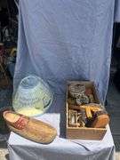 Assorted Collection: Wooden Shoe, Lampshade, and Shoe Shine Kit