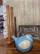 Decorative Home Accent Bundle: Sign, Bird Figurine, Fabric Balls, and Wooden Spools