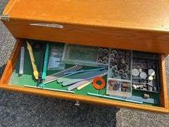 Wooden Tool Chest with Various Tools and Supplies