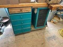 Turquoise Work Bench with Drawers and Vise