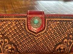 Hand Tooled Leather Wallet with Turquoise Accent